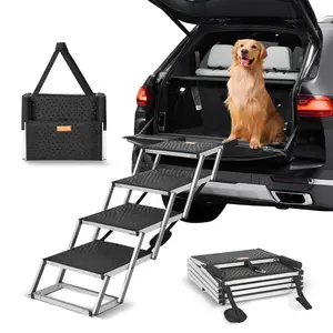 【fathersdaygift】VEVOR Dog Stair for Cars Wide 4-step Dog Car StepsFolding Dog Car Ramp with Nonslip SurfacePortable Pet Steps Lightweight Aluminum for CarSUV and TruckSupports up to 150 lbs