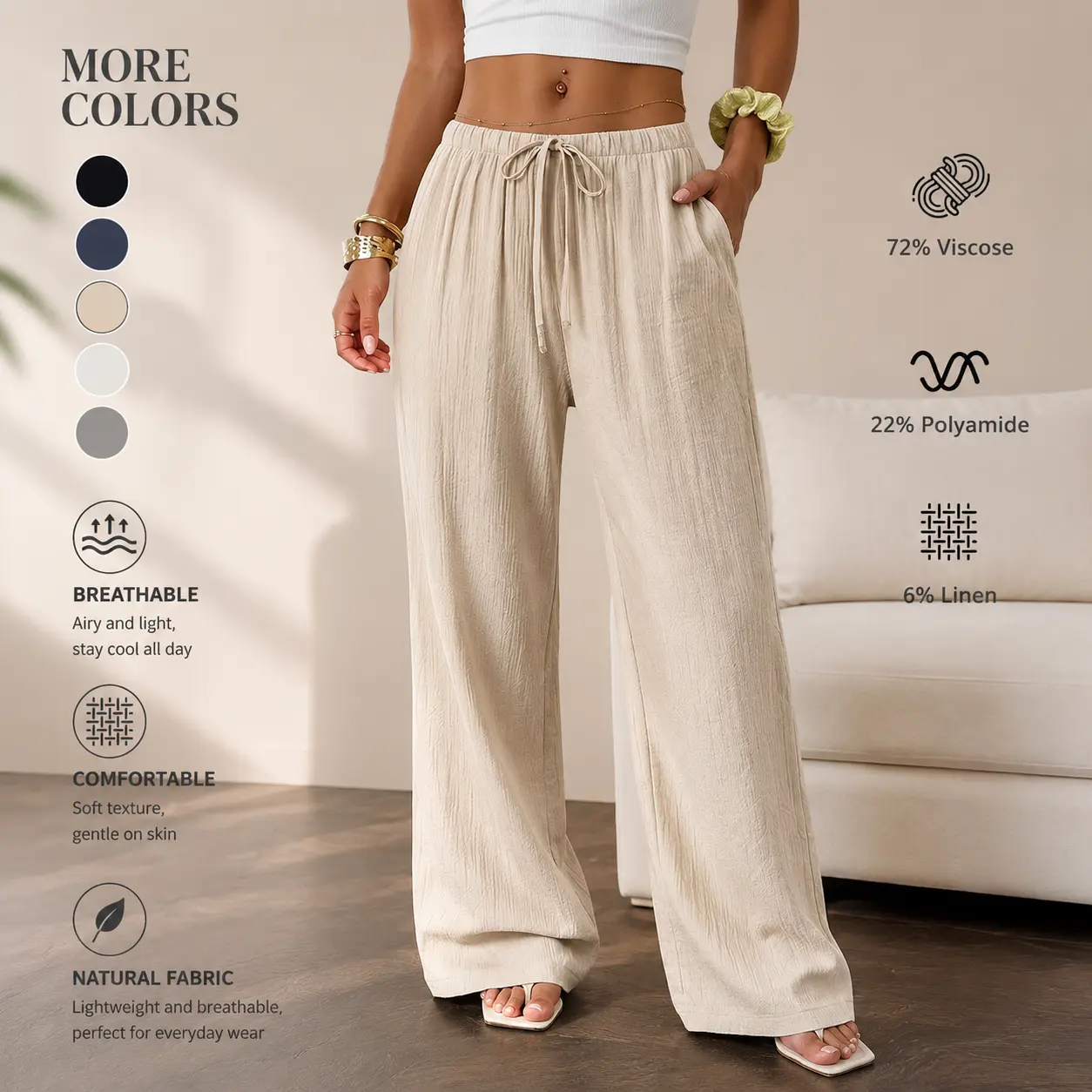 Women’s linen-blend ruched wide-leg casual pants with an elastic drawstring waist; linen-blend wide-leg floor-length pants with side pockets and a natural wrinkle texture; pairs well with camisoles, T-shirts, and sandals.
