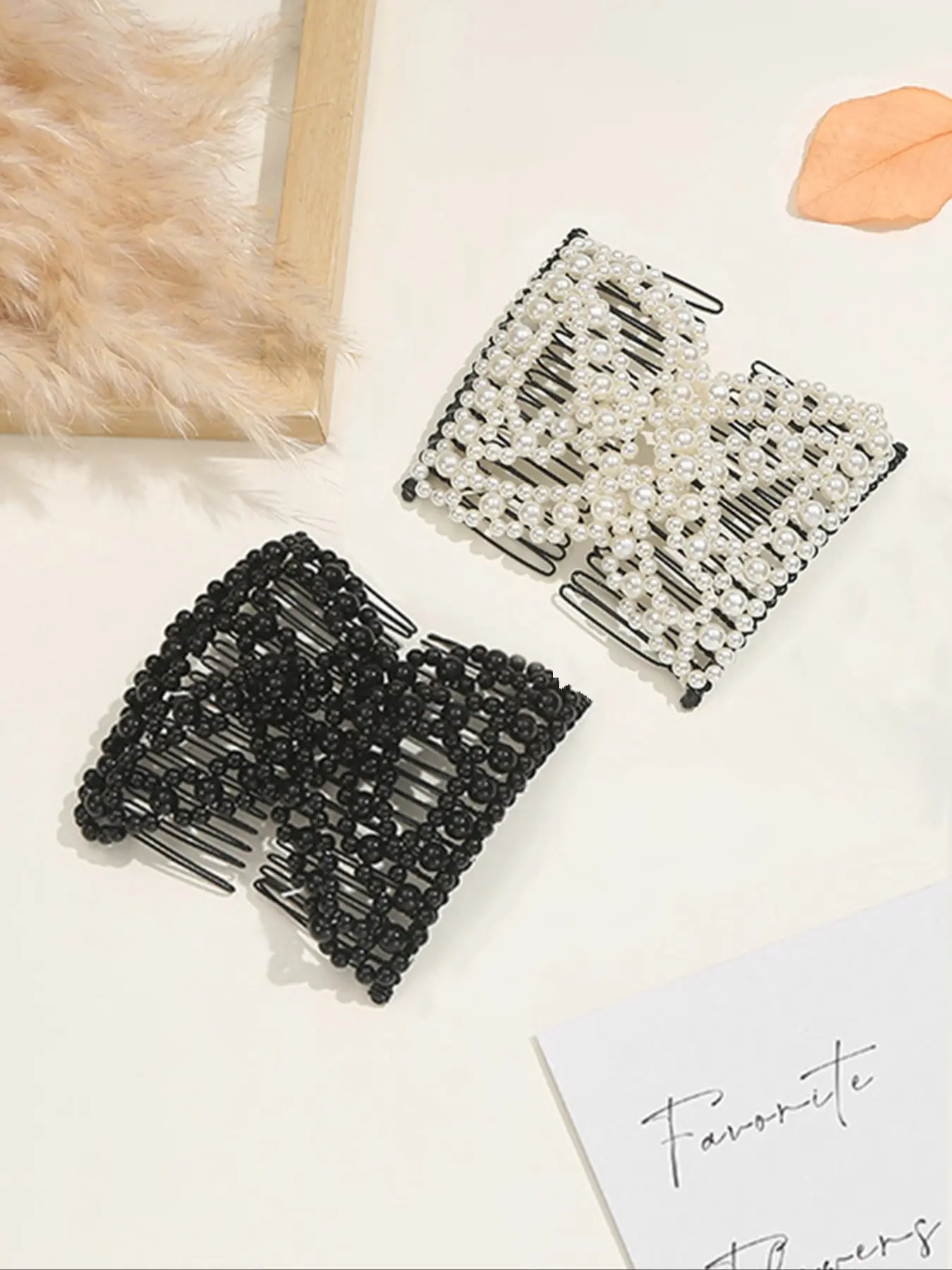 Elegant Pure Color Elastic Pearl Beaded Hair Combs, Barrettes Hair Clips For Styling, Simple Lazy Bun Styling Tool, Versatile Hair Accessory, Hair Bun Accessories Set of 2 Pieces