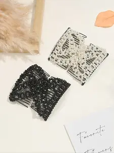 Elegant Pure Color Elastic Pearl Beaded Hair Combs, Simple Lazy Bun Styling Tool, Versatile Hair Accessory Set of 2 Pieces, Barrettes