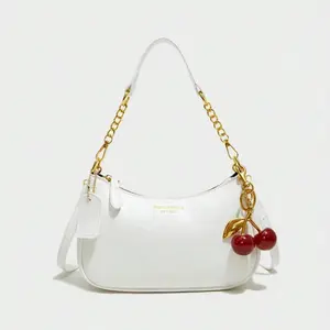 New Fashion Classic Pure White PU Shoulder Crescent Bag with Cherry Pendant - Gold Chain & Detachable Leather Strap, Summer/Seaside Holiday/Back to School Ladies Purse, Versatile Shopping Bag