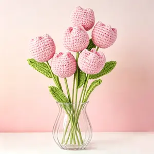 6-Piece Handmade Crochet Tulip Bouquet, Knitted Artificial Tulips for Vases, Fake Floral Arrangement, Aesthetic Home Desk Decor, Unique Gift for Women, Flower Bouquet