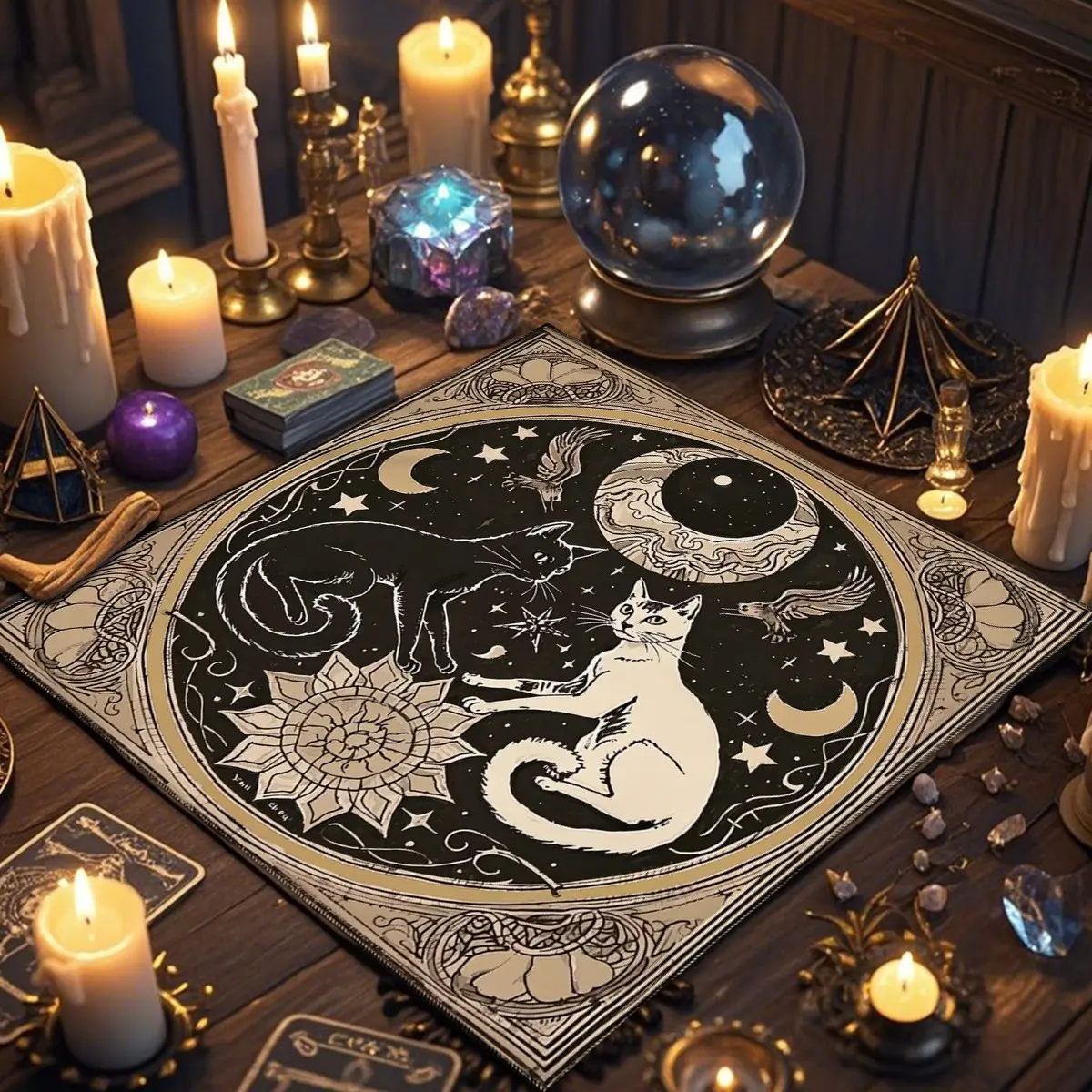 1 Piece Mysterious cat-decorated tarot tablecloth, Rectangle tablecloth, altar ceremonial cloth, creative polyester tablecloth, used by tarot scholars for tarot card reading, home fabric decoration.