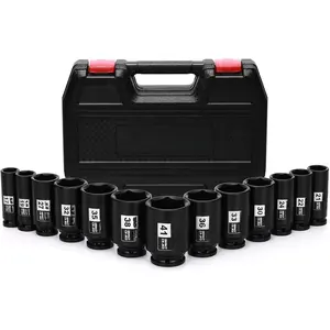 1/2 Drive Deep Big Impact Socket Set, 13- Large Spindle Axle Nut Impact Wrench Socket Set, 6 Point, CR-MO, Metric, 17mm - 41mm