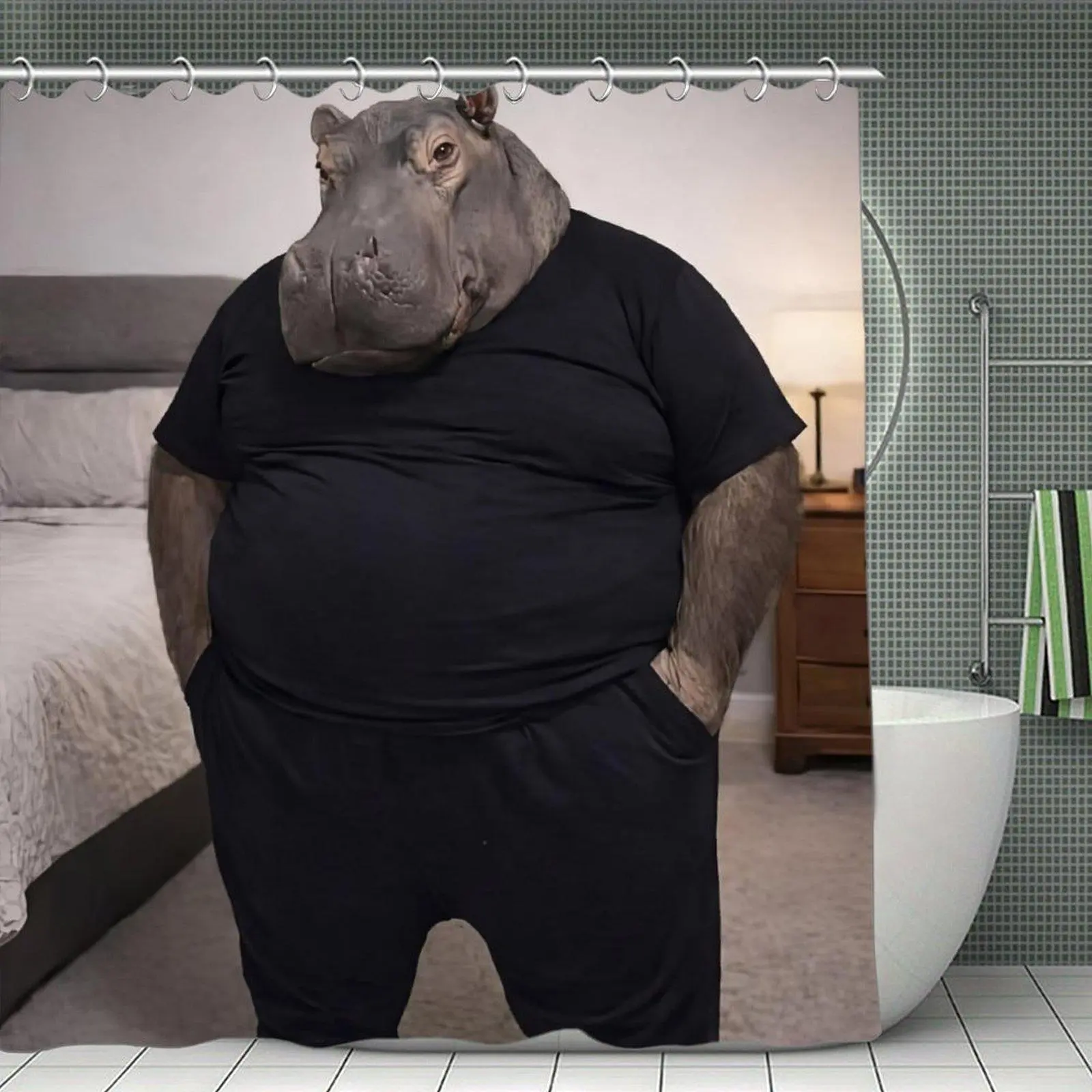 Waterproof Hippo Head-Human Body Black Outfit Print Shower Curtain, Funny Creature Bathroom Decor with Bathtub Cover & Window Compatibility, Plastic