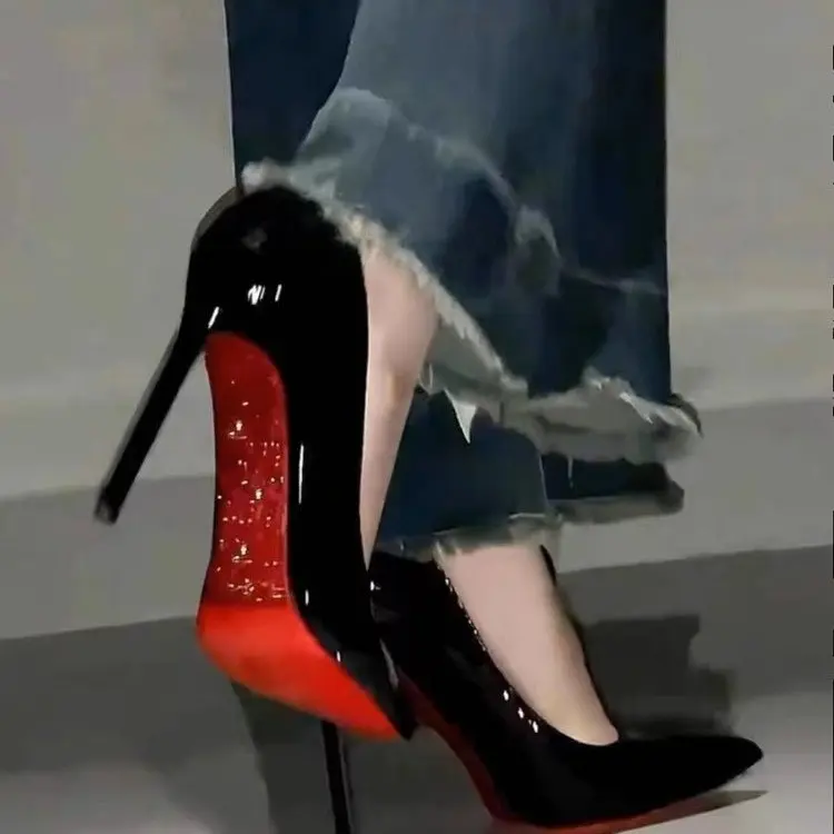 Women's Classy High Heeled Pointed Toe Shoes - Black Patent Leather Pumps with Signature Red Sole, 9cm Heel Height, Formal All-Seasons Fashion Footwear, Classy Heeled Shoe