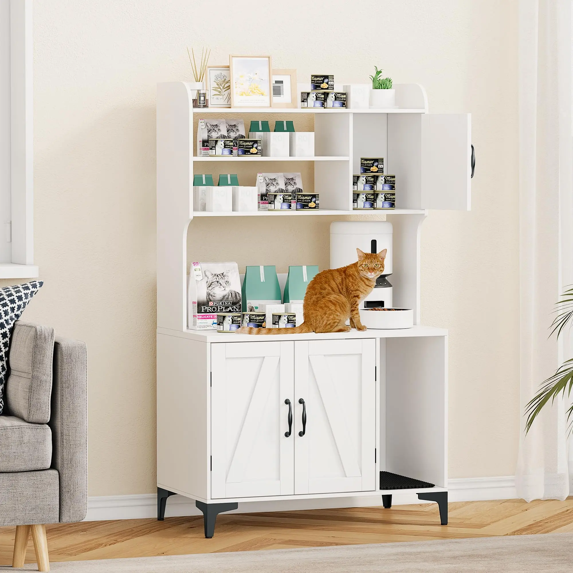 White Sturdy Wood Hidden Litter Box Cabinet - 31.5"l x 17.7"w x 51.1"h Multi-Level Enclosure with 4 Storage Levels, 1 Locker, Shelves, Scratching Mat, Easy Setup, Privacy, Odor Control, Ample Storage for 12 lbs Indoor Cat Washroom Litter Box Furniture