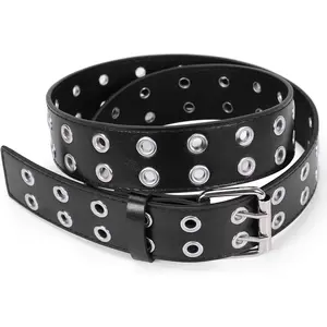 Double Grommet Belt for Women Men PU Leather Double Prong Buckle Vintage Punk Rock Jeans Belts gold buckle