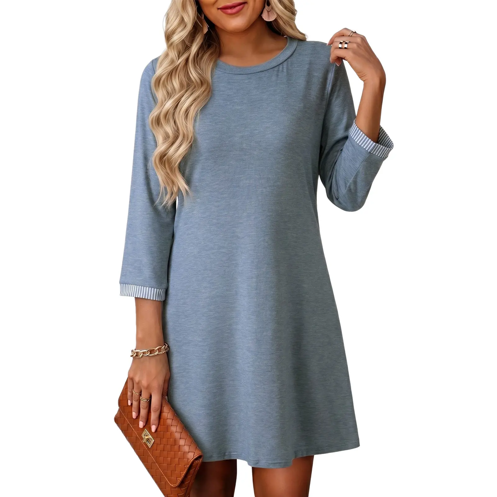 Dokotoo Dress for Women Fashion Fall Casual 2026 CrewNeck Solid 3/4 Sleeve Short Insert Pocket Dresses