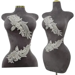 Handmade Rhinestones lace Trim Patches Handsewing Beads Bodice Applique for Dress DIY Accessories 1pair/Set (Silver)