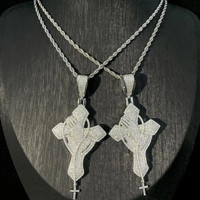 Praying Hands with Cross Chain Cubic Zirconia Pendant Necklace Hip Hop Jewelry Unisex Men Women Gift Daily Wear Christian Decor Praying Hands with Cross Chain Cubic Zirconia Pendant Necklace Hip Hop Jewelry Unisex Men Women Gift Daily Wear Christian Decor