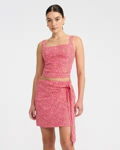 Express Linen-Blend Printed High Waisted Tie Wrap Mini Skirt