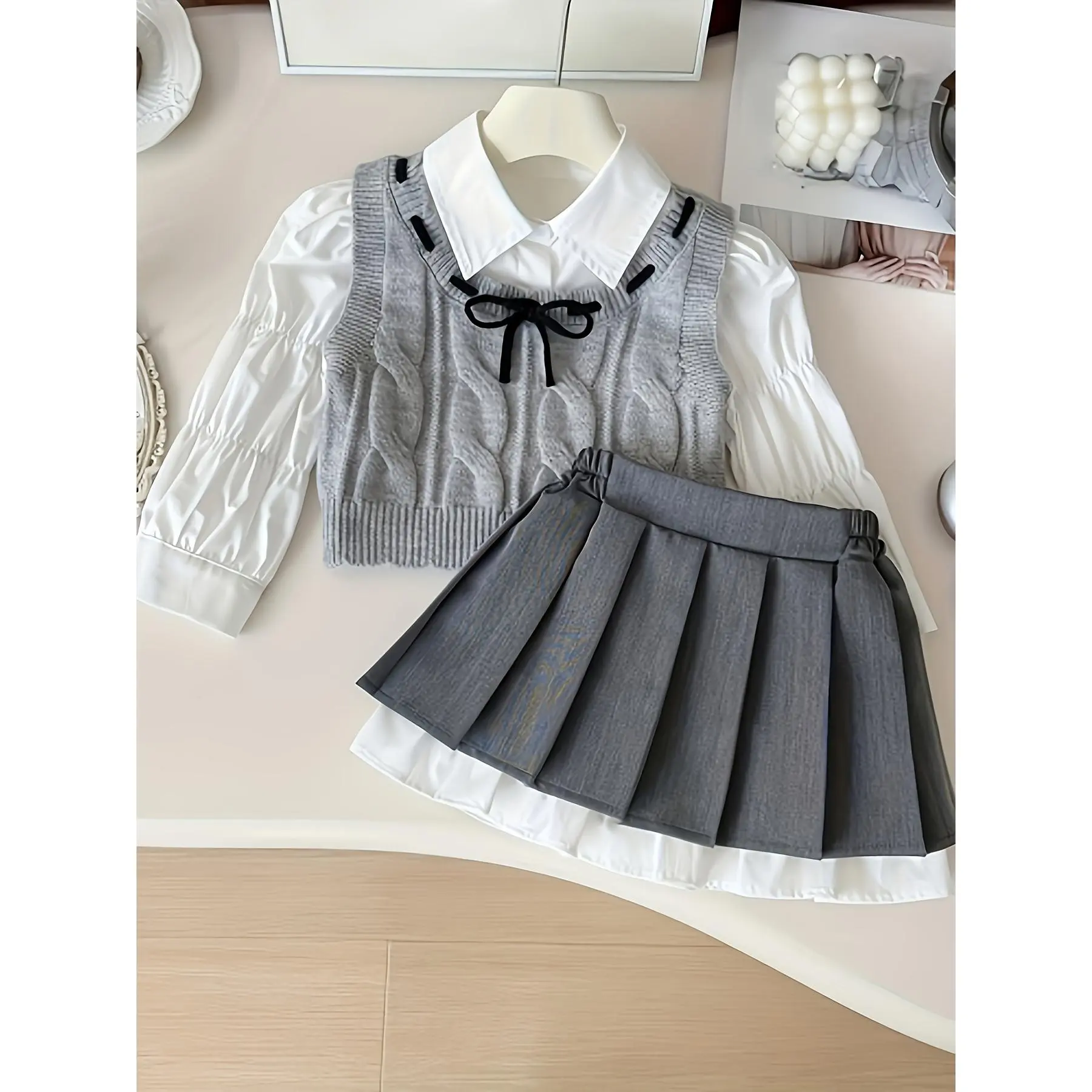 Girls' Retro Campus Outfit Set - White Shirt, Gray Sweater, Pleated Skirt - Perfect for Spring & Autumn Back-To-School Look