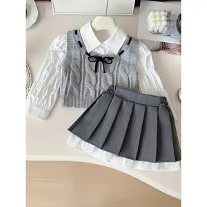 Girls' Retro Campus Outfit Set - White Shirt, Gray Sweater, Pleated Skirt - Perfect for Spring & Autumn Back-To-School Look