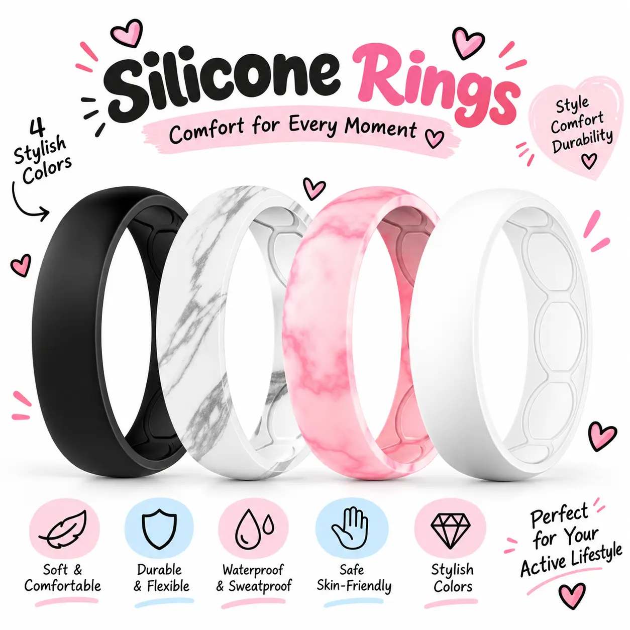 Women's Medical Grade Silicon Wedding Ring - 5.7mm Durable Rubber Band, Breathable, Skin-Safe, Comfortable Fit, Fashion Rings, Active Wear Accessory, Casual Use