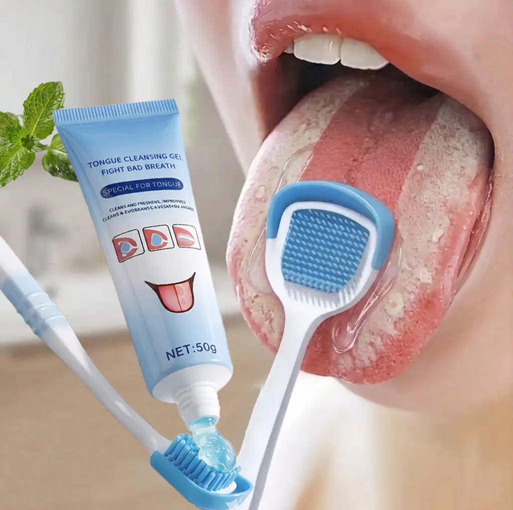 2-in-1 Tongue Cleaning Gel & Brush Kit, Mint-Scented Mouth Care Kit for Daily Bad Breath Treatment & Deep Oral Detox, Oral Care Tools, Cleanser, Oral Care Set