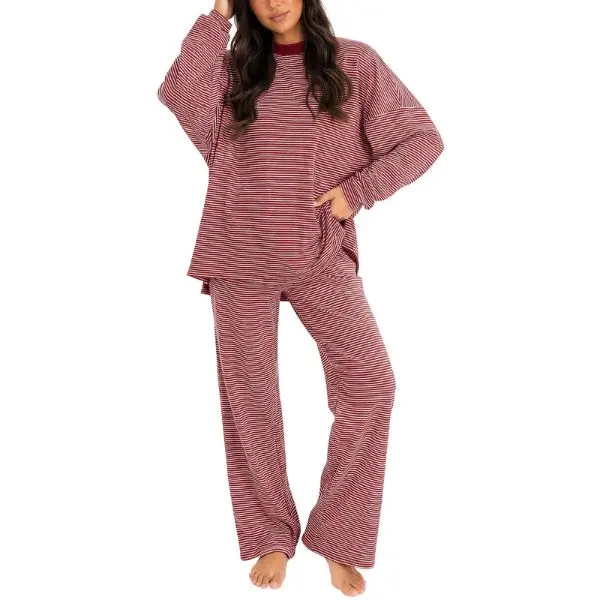 Fisoew Women's 2 Piece Striped Lounge Set Wide Leg Pants Matching Cotton Pajamas Set Long Sleeve High Waisted, Sleepwear, Pajamas, Oversized,Round Neck,Daily,Cotton Set,Loungewear,fall fashion outfits 2026