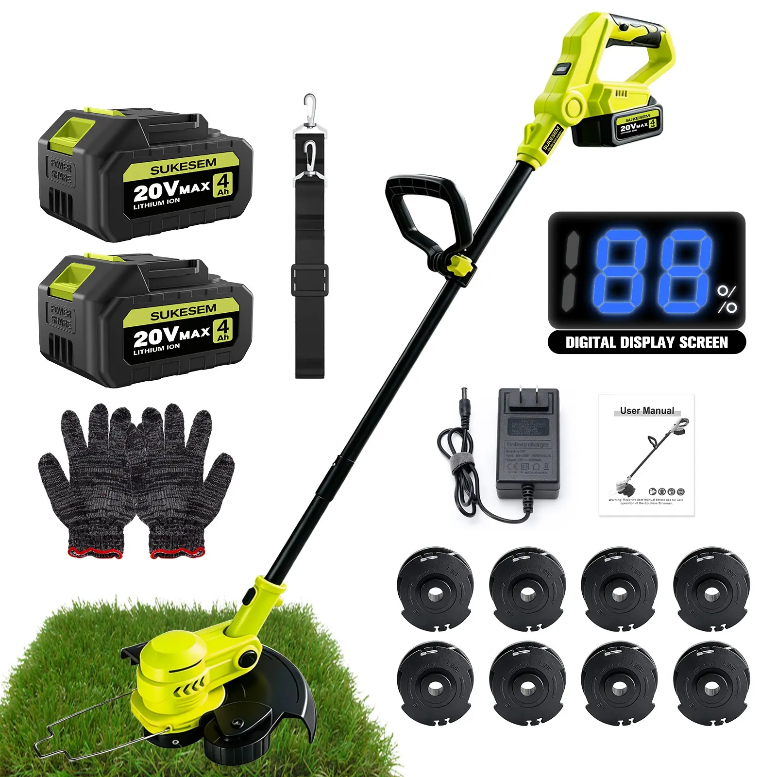 Cordless Grass Trimmer - 12-in 3-in-1 Lawn Cutter with 90° Rotating Head, Auto Line Feed System, 24000 RPM, 4.0Ah Batteries, Fast Charger, 8 Spools, Shoulder Strap for Lawn & Garden Maintenance