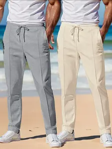 Men's All-Season Waffle Straight Leg Pants Trouser Set, Comfortable Breathable Fabric, Pure Color Fashion Versatile Style, Sports Comfort, Summer Vacation Wear