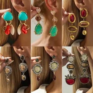 Vintage Sunflower Flower Earrings, Light Luxury Imitation Crystal Pendant Geometric Earrings, Statement Jewelry