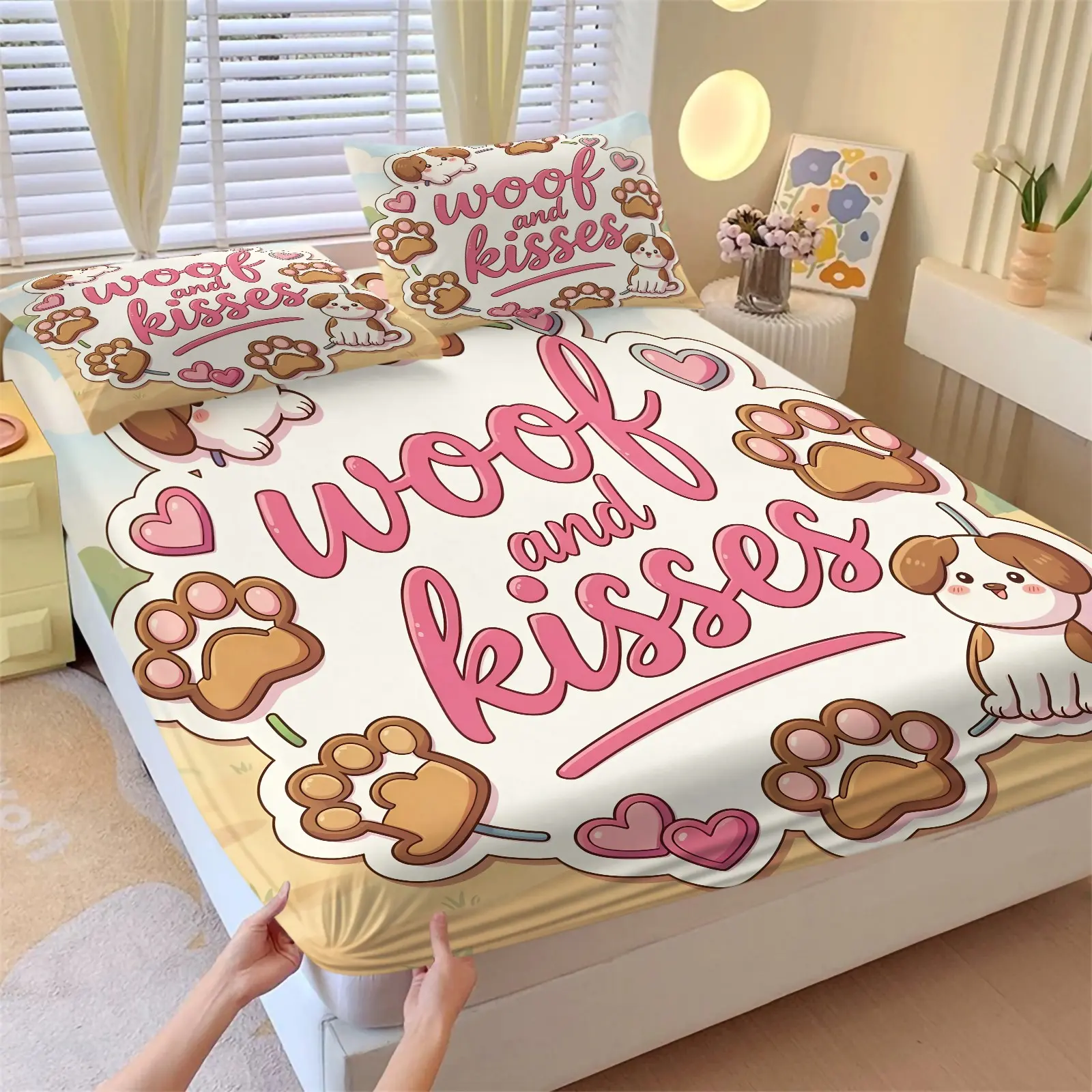 Woof and Kisses Cute Puppy Fitted Sheet Set 3 Piece, 1 Fitted Sheet + 2 Pillowcases, Kawaii Dog Paw Print Bedding Set, for Dog Dad Bedroom Dorm Apartment Decor, Perfect Birthday Gift for Pet Owners