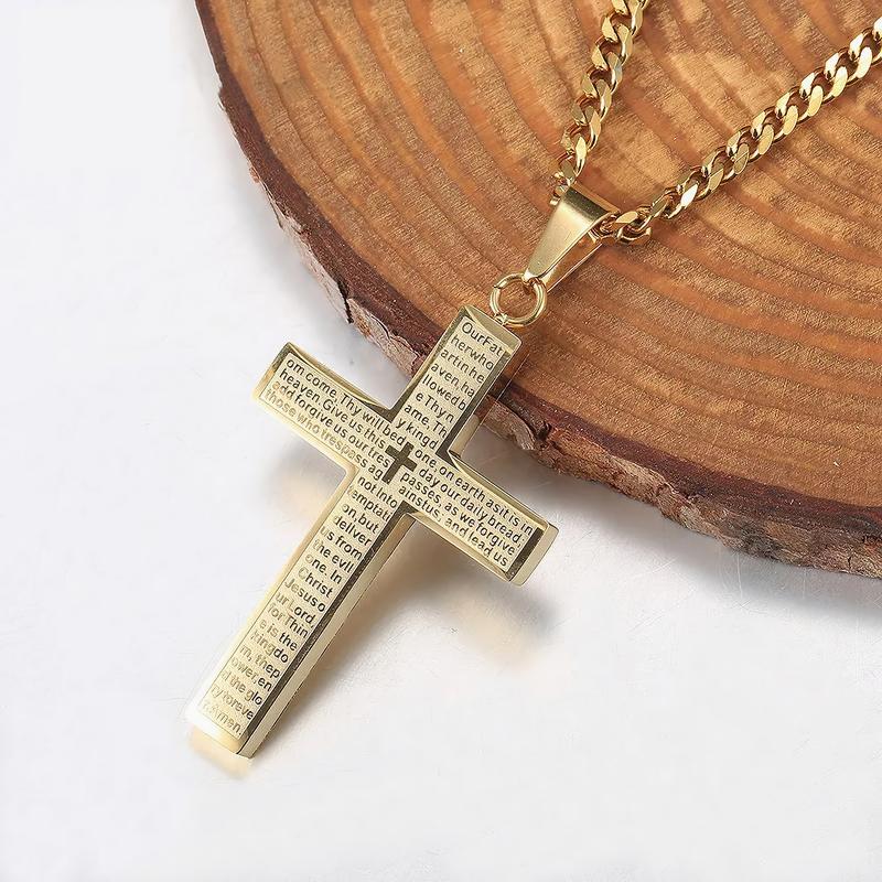 PeregrinaX 3D Bible Verses Cross Necklace for Men and Women 3.5mm Stainless Steel Unisex Cuban Chain Necklace 18-26 Inch Jewelry Gift