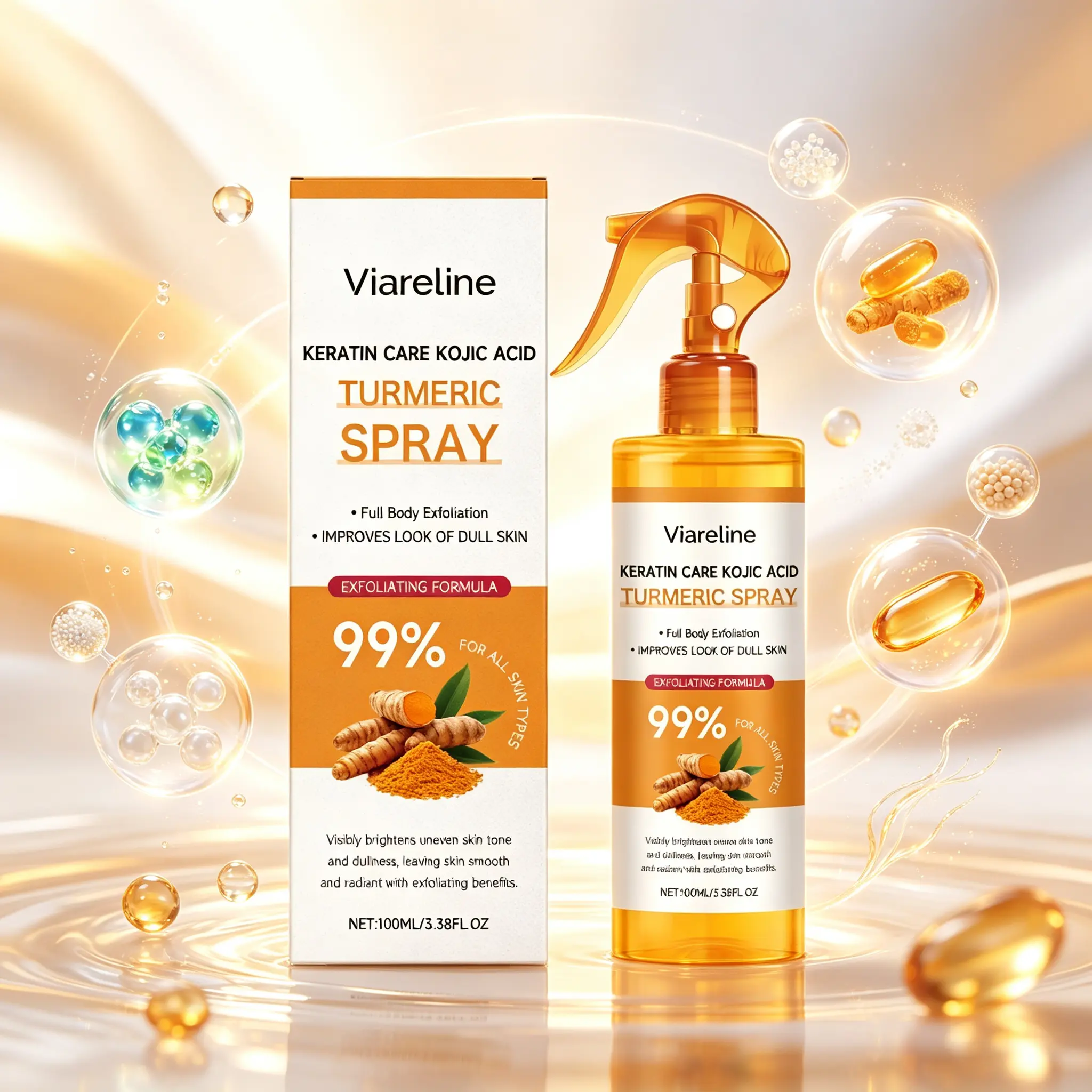 Viareline Keratin Care Kojic Acid Turmeric Exfoliating Spray 100ml – Full Body Exfoliant for Dull & Rough Skin, Smoothing Peeling Solution with Keratin & Niacinamide, Even-Toning Body Spray