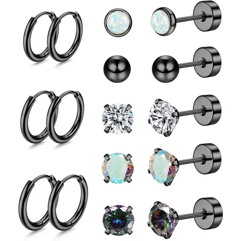 Women's 8-Pair Surgical Steel Earrings Bundle Set - Hypoallergenic Minimalist Hoops, Flat Back Stud Earring Jewelry, Cubic Styles, Body-Safe Stack for Sensitive Ears, Daily Everyday Sparkle