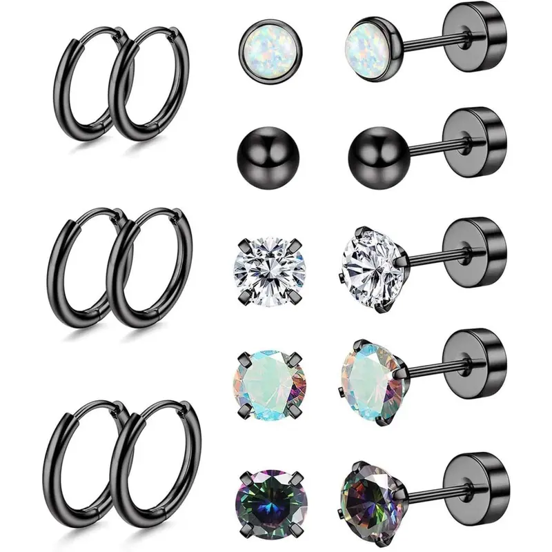 Women's 8-Pair Surgical Steel Earrings Bundle Set - Hypoallergenic Minimalist Hoops, Flat Back Stud Earring Jewelry, Cubic Styles, Body-Safe Stack for Sensitive Ears, Daily Everyday Sparkle