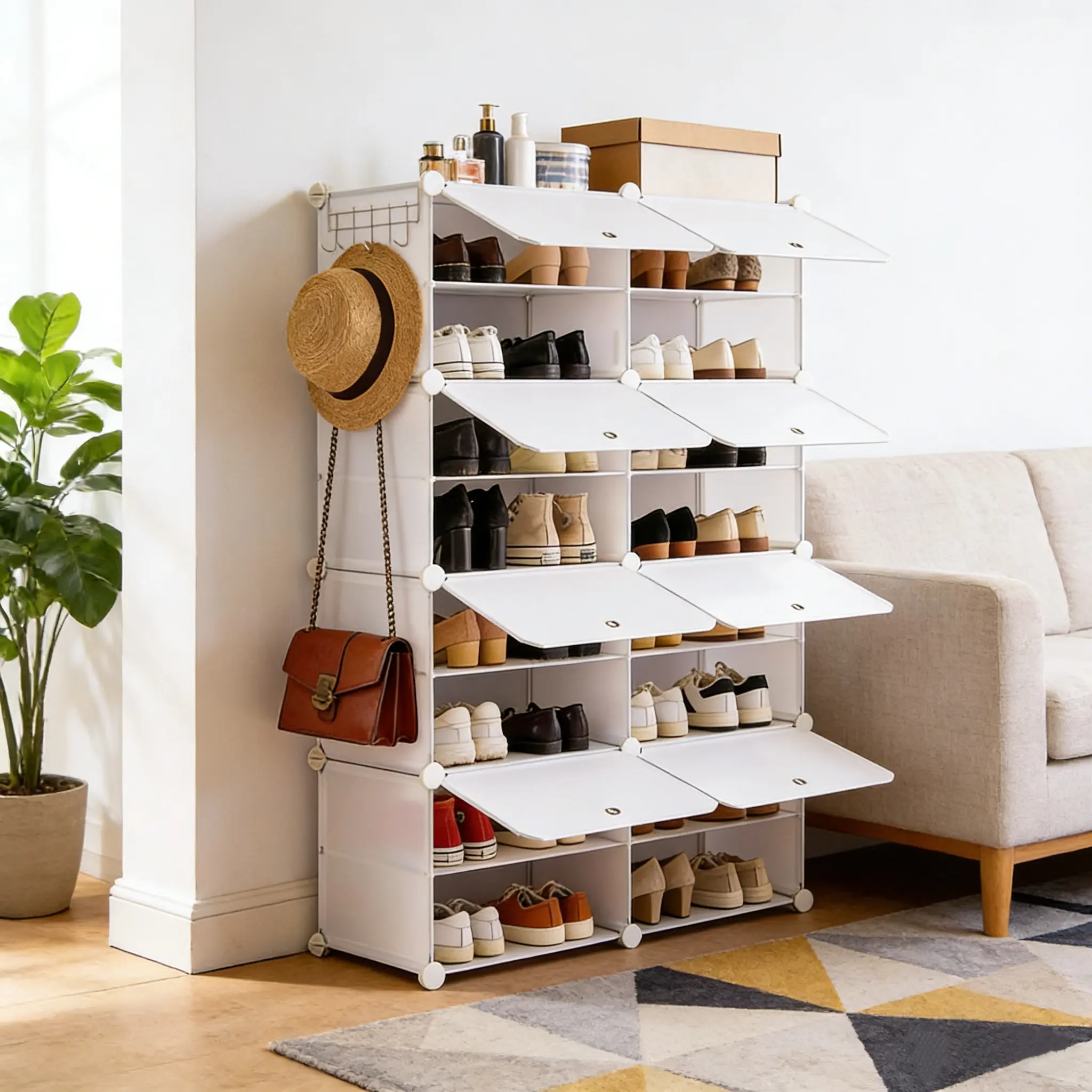 Stackable Expandable Shoe Organiser Rack - 6/8-Tier with Door, 24/32-Pair Capacity, Detachable, Sturdy Metal Frame, PP Plastic Panels, Side Hooks, Waterproof, for Entryway, Closet Storage, Bedroom