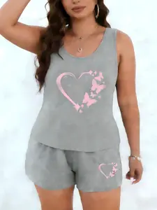 Sweet Heart Butterfly Print Plus Size Vest Shorts Pajama Set, Casual Loose Skin-Friendly Homewear Two-Piece