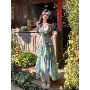New2025Evening Party Vestidos Female One Piece Dress French Fashion Vintage Printed Fairy Ruffles Midi Dresses Women Autumn  A-Line(Gift)11