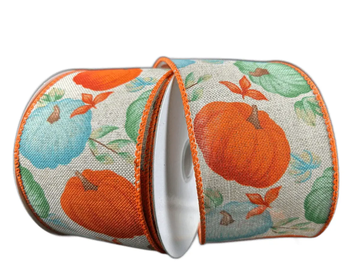 2.5" x 10yd Natural Linen Ribbon with Teal & Orange Pumpkins