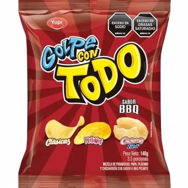 Yupi Golpe con Todo BBQ Colombian Snack Mix 140 g with Potato Chips, Platanos, & Chicharrón