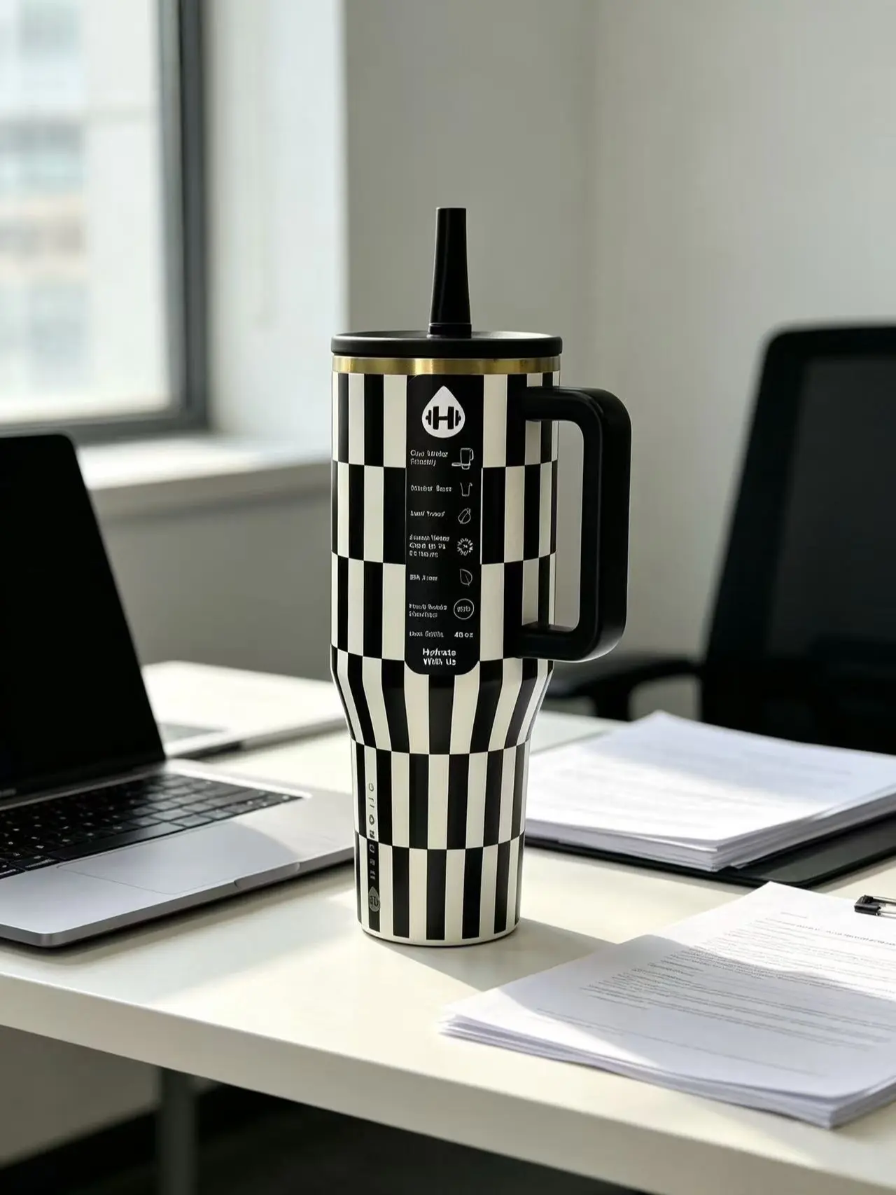 HydroJug 40oz Retro Checkered Core Insulated Vacuum Flask Tumbler - Black & White Checkerboard, Minimalist Stylish, Stainless Steel Spillproof, Cup Holder Ready, Daily Use Kitchenware Drinkware