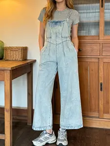 Women's Loose-Fitting Wide Leg Denim Overalls Pants, Casual Daily Wear, Vintage Washed Look, All-Season Fabric, No Elasticity, Comfortable Fit