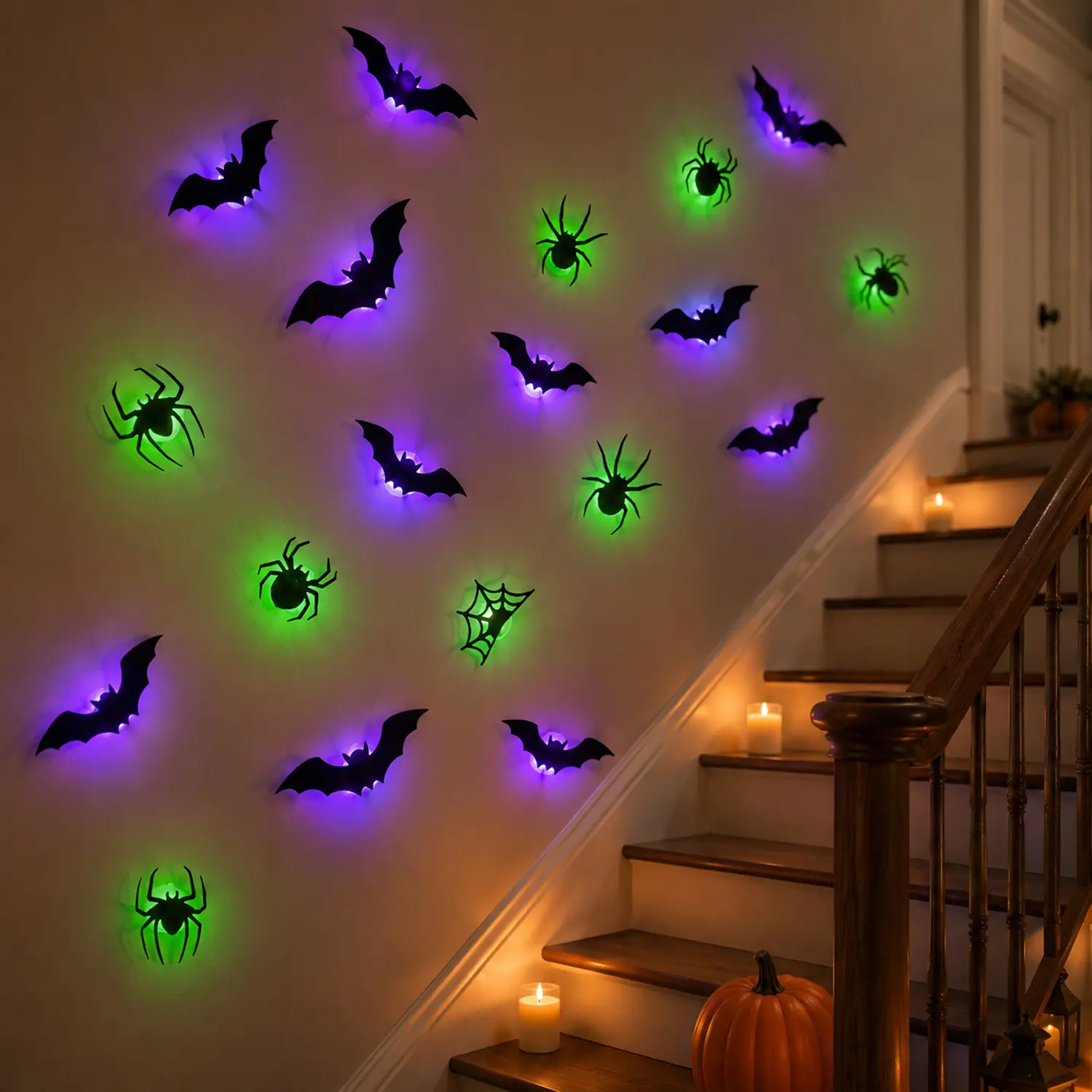 Lotosug 3D Bat & Spider LED Lights Set, 21pcs Battery-Powered Bendable Wall Stickers, Bubble-Free Easy-Install Halloween Decor Ornaments, Non-Remote Indoor Home Party Icons, Indoor Decor for Home, Party, Window, Door & Festival