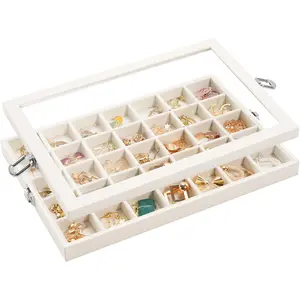 Organizer Tray with Lid, 35 Grids  Earring Organizer Holder Storage Box for Drawer -Beige
