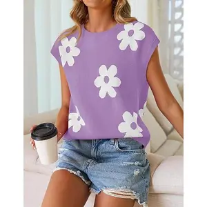 ZESICA Womens Floral Sweater Vest Summer Short Sleeve Crew Neck Cute Loose Knit Tops 2026 Trendy Clothes Outfits