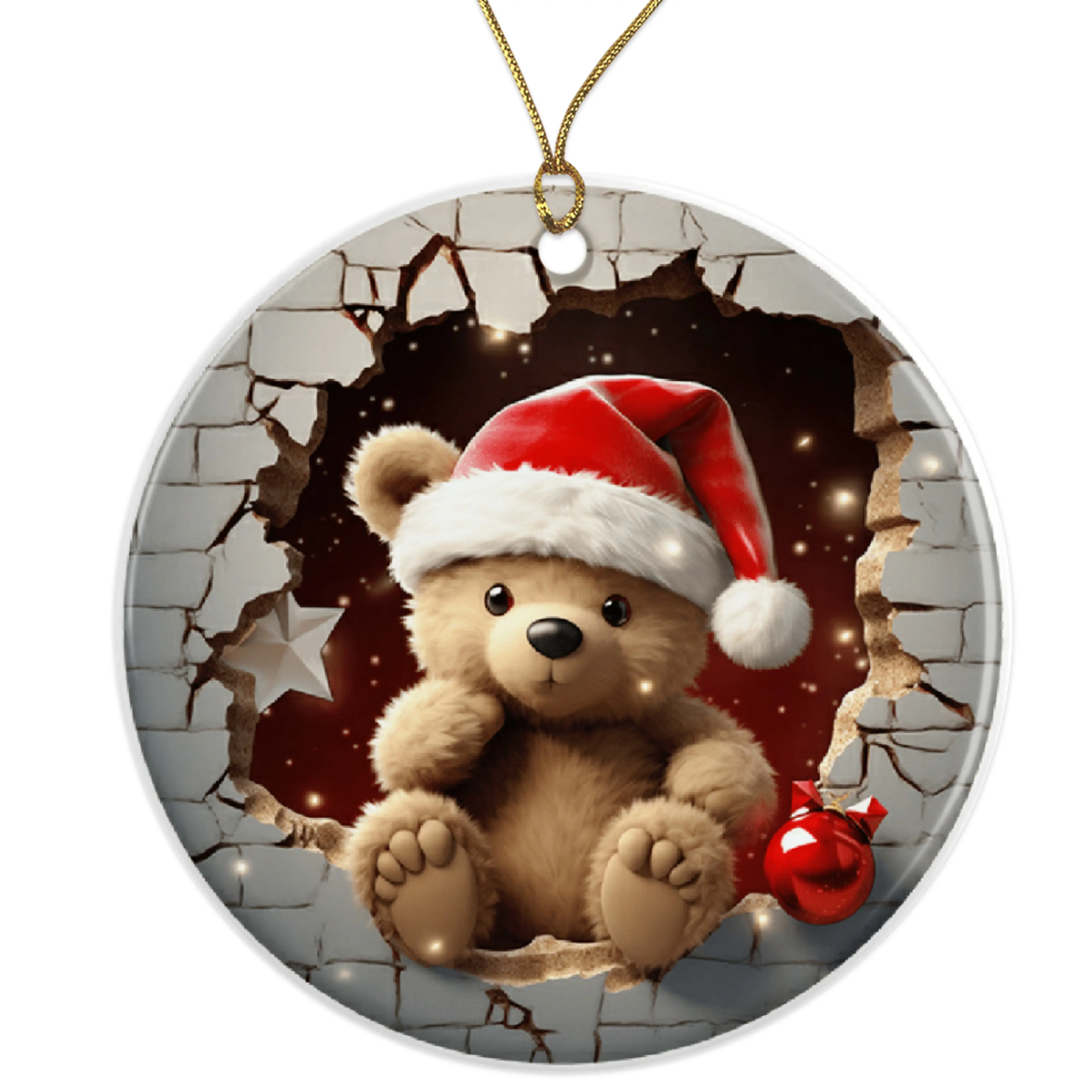 Christmas Teddy Bear Ornament - Cute Santa Bear - Holiday Decor - Festive Tree Decoration - Unique Xmas Ornament Ceramic Ornament - 3 Inch Christmas Tree Round Ornament - Xmas Holiday Decor - String Included - ORNW0209