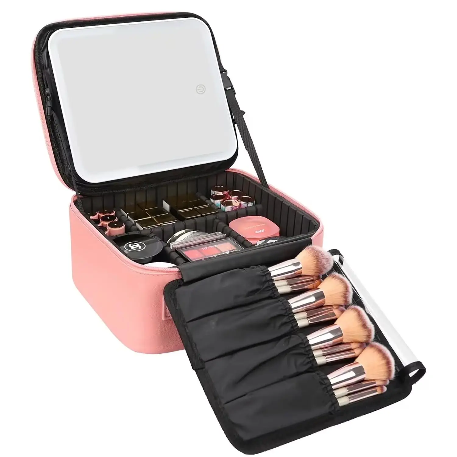 Portable Makeup Train Case with Detachable LED Mirror, Waterproof Cosmetic Organizer Bag with Adjustable Dividers & Brush Holder for Travel, Pink