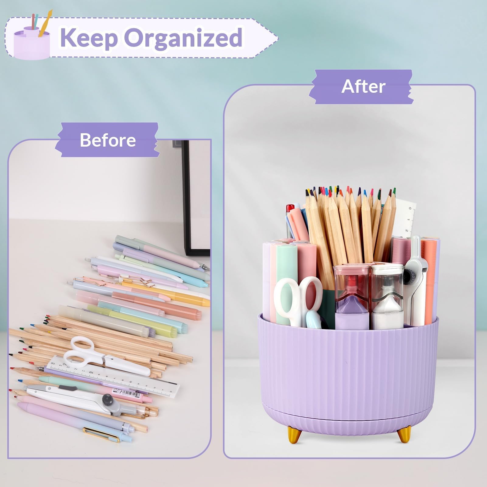 360 Rotating Purple Pen & Art Supply Organizer 5 Slot Desk Organizer for Office School Home Space Saving Design with Non Slip Pad and Sturdy Wear Resistant Materials