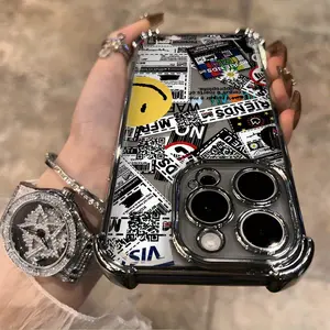 Shockproof Phone Case Transparent Soft Back with Fashion Graffiti Newspaper Label Pattern Compatible with iPhone 16 15 14 13 12 11 Pro Max X XR XSMAX 8 7 Plus