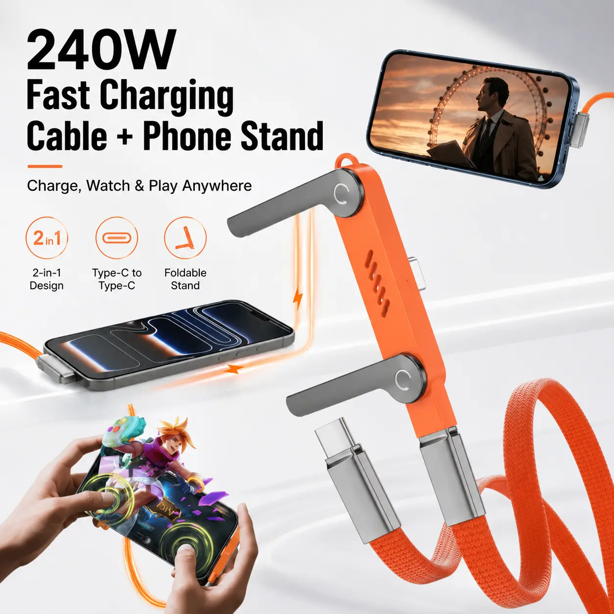 240W Detachable Type-C Digital Charging Cable with Hidden Folding Phone Stand - Heavy-Duty Anti-Tangle Silicone Cord for Smartphones, Mobile Gaming & Office Desk Setup
