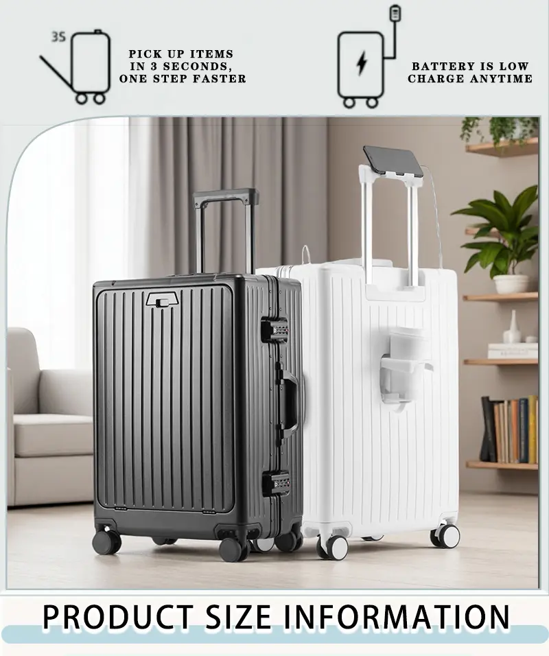 ABS PC Hard Shell Travel Suitcase with Anti-Scratch Matte Finish, Front Compartment, USB Charging Port, and Integrated Cup Holder, Usb Charge