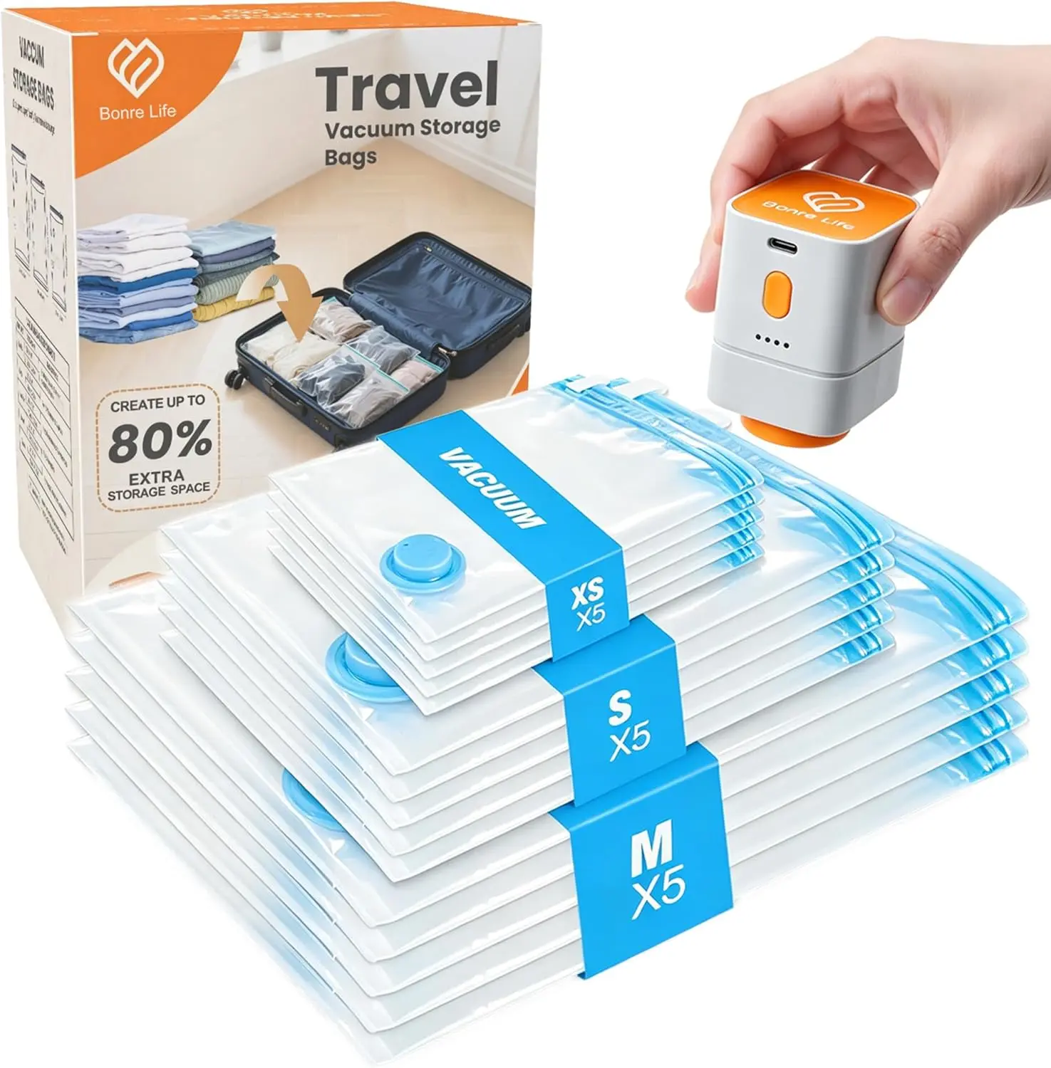 Travel Vacuum Storage Bags with Rechargeable Cordless Pump, 15-Pack Space Saver Bags for Suitcase & Luggage, Reusable Compression Bags in 3 Carry-On Sizes(16/20/24 Inch)Gift.