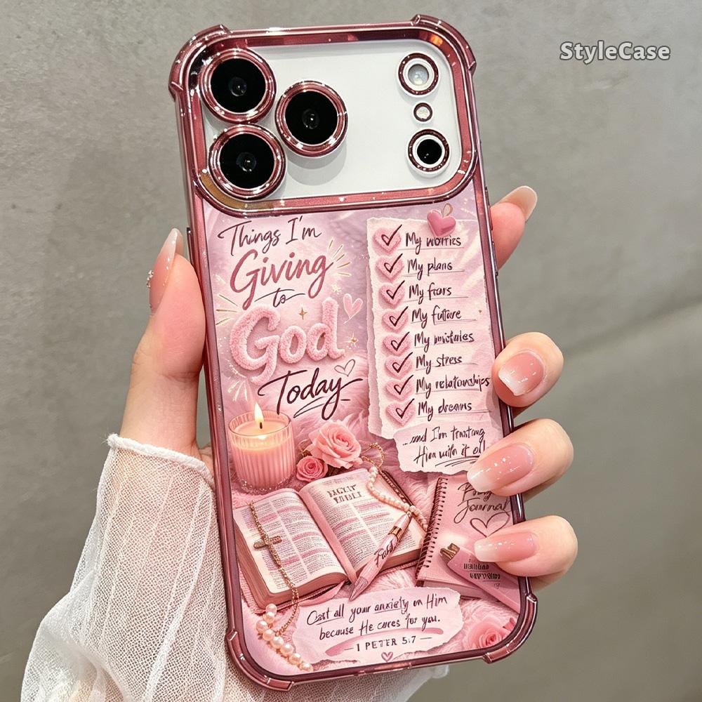 Christian Faith Bible Verse Smartphone Protector Case for iPhone 17/16/15/14/13/12/11 Pro Max Plus Air, Pink TPU Shockproof Metallic Edge Cover, Religious Gift Phone Accessories for Handheld Devices DDSJ260627020