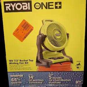 RYOBI 18V ONE+ 7.5" Bucket Top Misting Fan Kit Whisper Quiet 14" Coverage 5+ Hours Runtime 44% Quieter than Competitors Battery and Charger Included