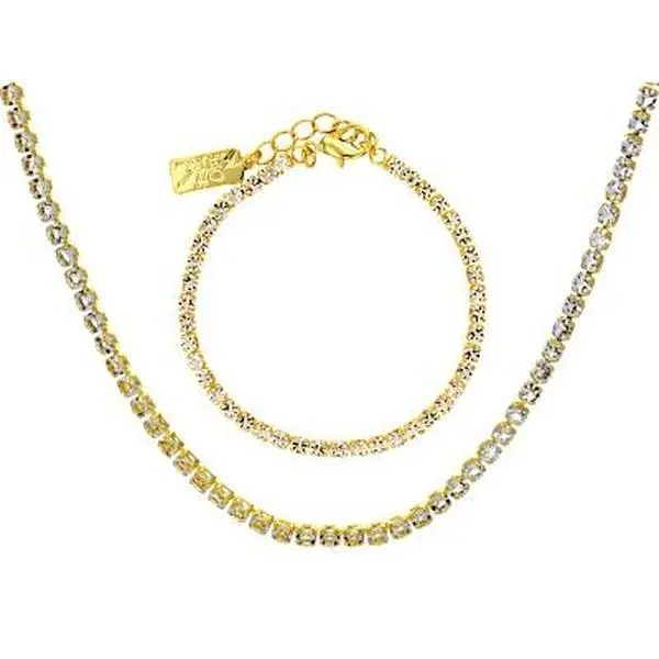 JTV Classic Adult White Crystal Accent Gold-Tone Tennis Chain Necklace & Bracelet Set with Lobster Claw Clasps, Extenders, Off Park