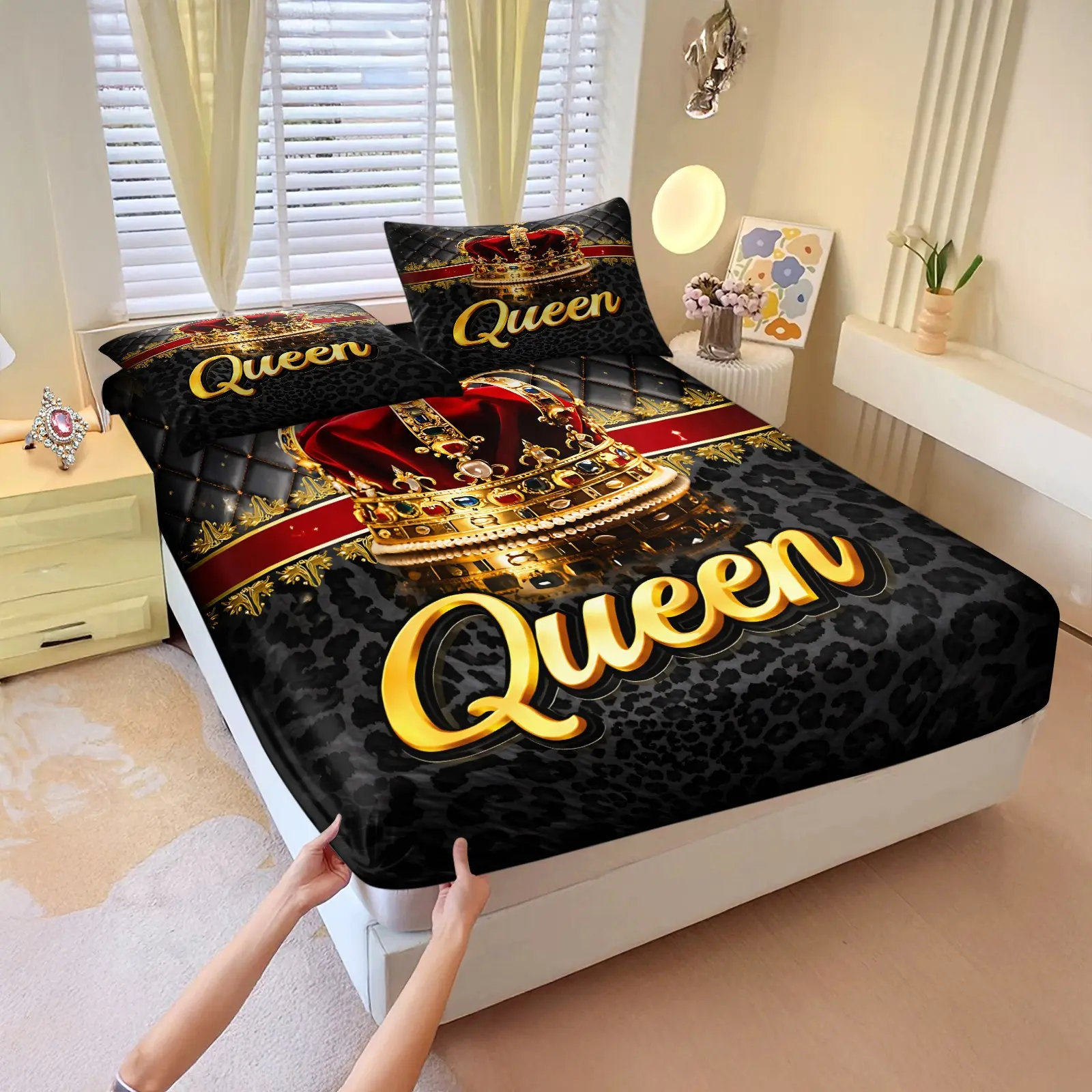 Leopard print crown motif fitted sheet set, Decorative bedsheet sets, Bed Linens, Includes 1 Fitted Sheet & 2 Pillowcases without Filler, Warm and comfortable bedding, Suitable for gifting and creating a romantic bedroom decor